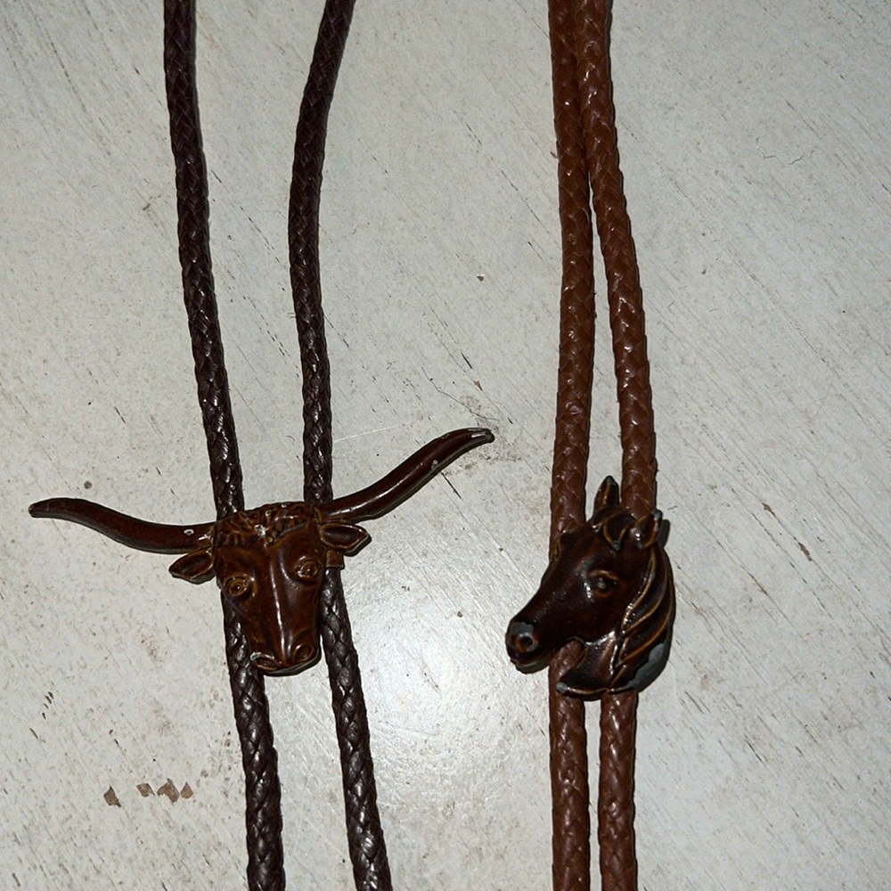 2 Vintage enameled metal bolo ties steer & horse